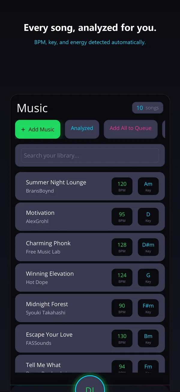 Every song, analyzed for you. BPM, key, and energy detected automatically.