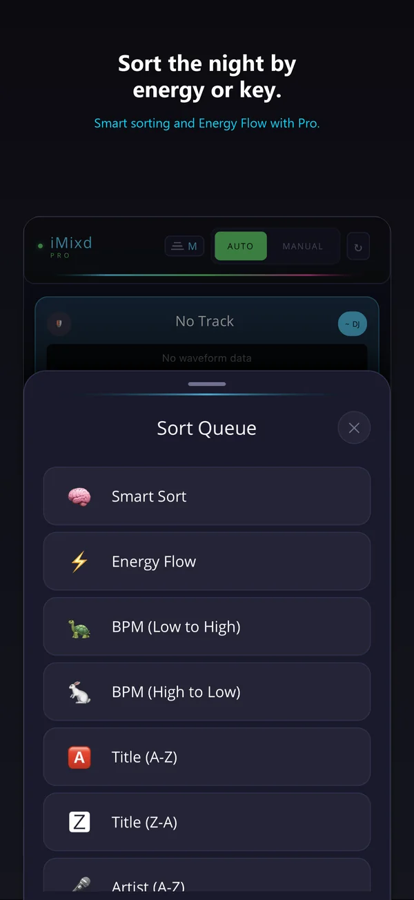 Sort the night by energy or key. Smart sorting and Energy Flow with Pro.