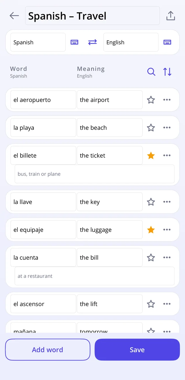The word page for a Spanish travel list, with Spanish words on the left, English meanings on the right and notes under two of them