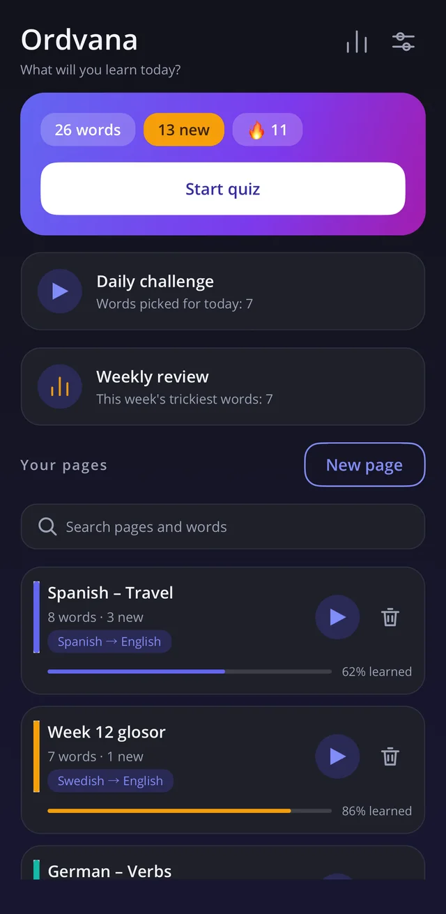Ordvana's home screen in the dark theme