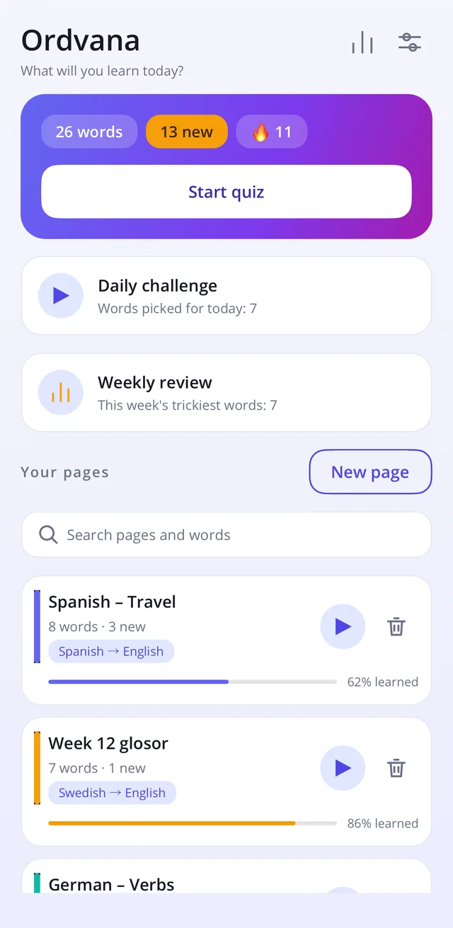 Ordvana's home screen: a start button, today's challenge, the weekly review and three word pages