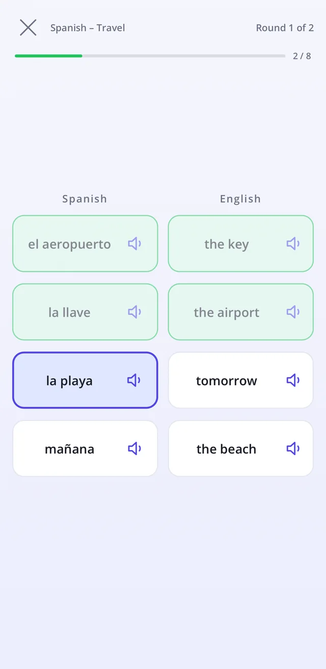 A Match round: Spanish words on the left, English meanings on the right, two pairs already matched in green